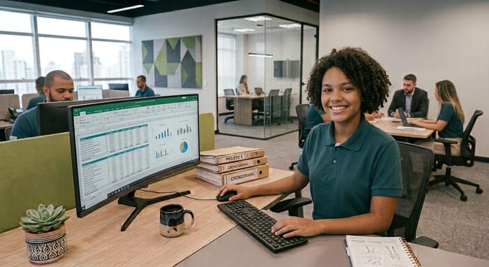 Jovem aprendiz trabalhando com planilhas no escritório